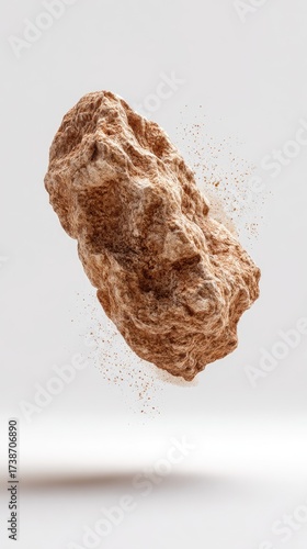 A brown rock with textured surface seemingly floating mid-air, with dust particles