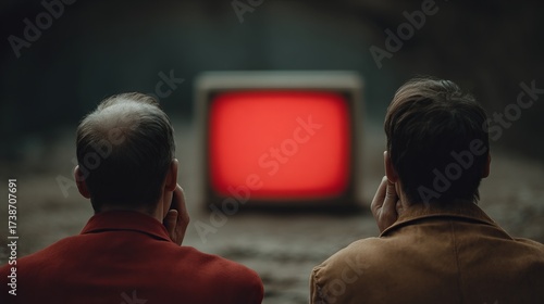 Faceless Men Watching red screen Retro TV
