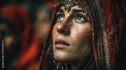 Portrait of a mystic woman with henna adornments gazing skyward, spiritual journey