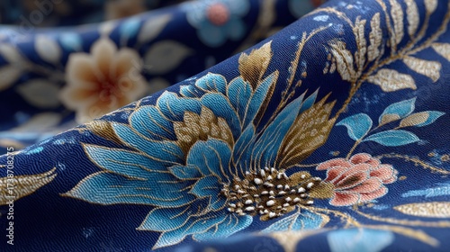 Elegant floral pattern of blue fabric with delicate golden vein detailing