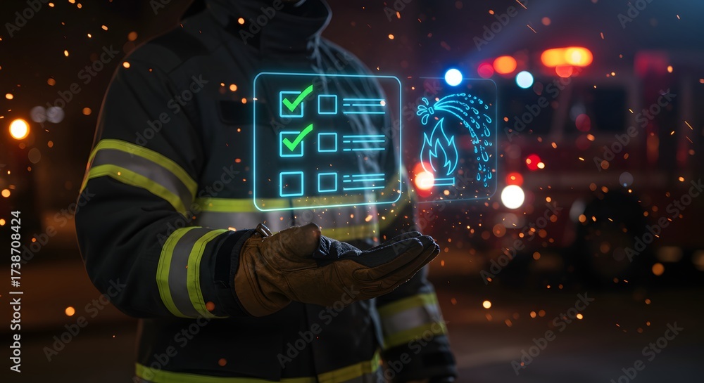 Obraz premium Firefighter displaying digital checklist interface with emergency response icons and blurred fire truck background.
