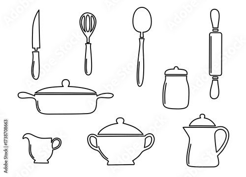 Outline of various kitchen utensils including knife, whisk, spoon, pot, and jug, minimal cooking set illustration.