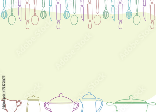 Hanging kitchen utensils with cookware border on soft green background, decorative culinary illustration.