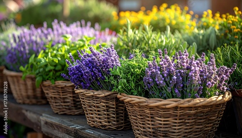 Rows of colorful wicker baskets filled with vibrant bunches of lavender and herbs, showcasing a picturesque display of nature's bounty.