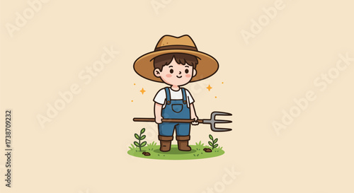 Illustration of a young farmer holding a pitchfork in a field.
