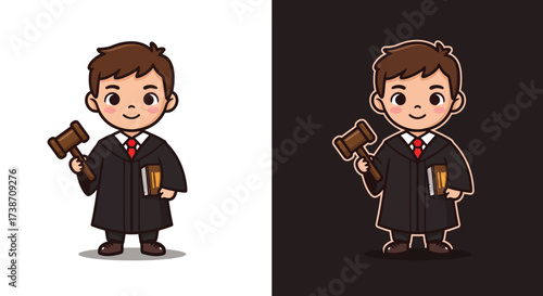 A cute cartoon boy dressed as a judge, holding a gavel and a law book, presented on both light and dark backgrounds.