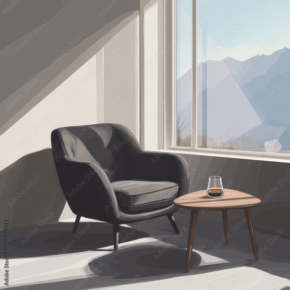 Fototapeta premium Contemplative Corner - Modern Chair in a Sun-Drenched Room Overlooking Peaks.