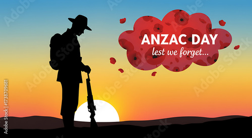 Silhouette of a lone soldier standing at attention with rifle at sunset remembering fallen heroes on anzac day