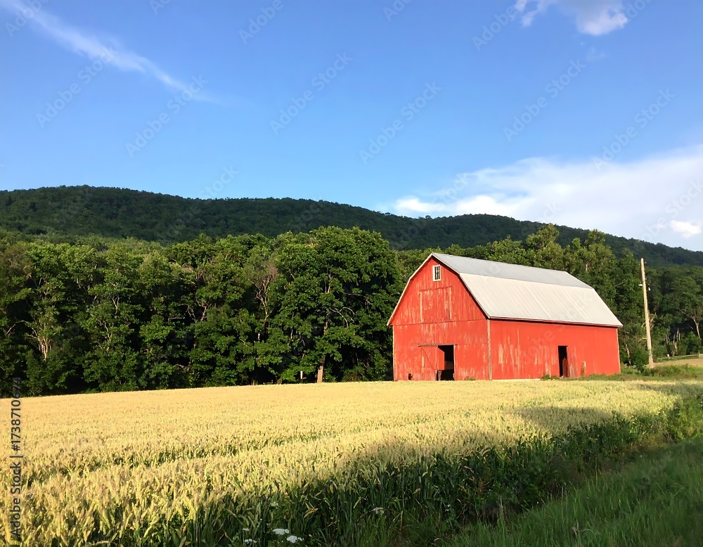 Obraz premium Red barn in a golden field, beneath a blue sky