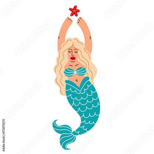 Fairy Mermaid with blonde hair and marine animals.Vector cartoon illustration. 
