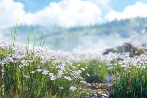 White Flowers Field In Sunny Meadow