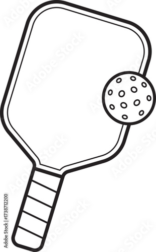 Pickleball Paddle and ball black and white icon.