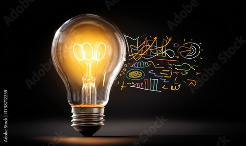 A glowing lightbulb emits colorful data visualizations against a stark, black backdrop
