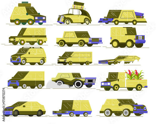 Colored classical 3D car and vehicle icons