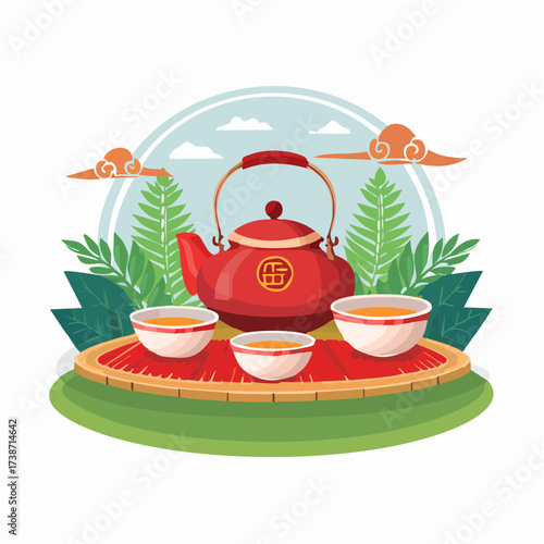 Traditional Asian tea ceremony red teapot, three cups on woven tray, green foliage. Symbolizes peace and cultural ritual
