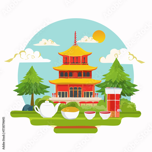 A serene illustration depicting a traditional Asian tea ceremony in front of a majestic red pagoda, set within a tranquil natural landscape
