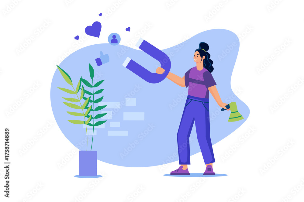 Fototapeta premium Woman Attracting Followers with a Magnet in Violet and Purple Colors on a Transparent Background with Like Icons
