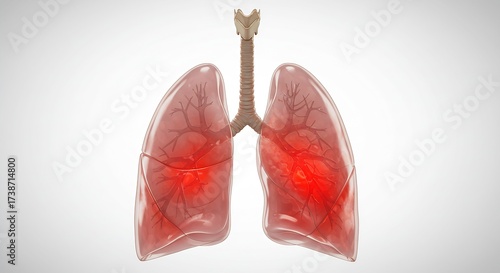Striking 3D render of human lungs highlighting diseased areas with vibrant red inflammation, perfect for medical education and health awareness campaigns