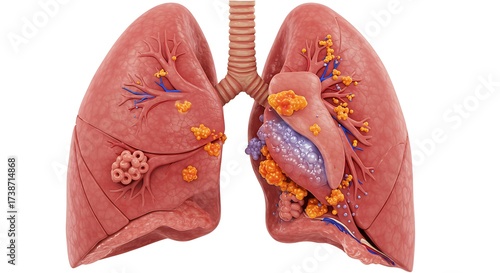Detailed 3D rendering of human lungs showcasing internal structures and pathological abnormalities like tumors or lesions