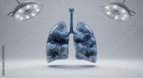 Stunning visualization of damaged lungs filled with storm clouds under medical lights, symbolizing respiratory illness and health concerns.