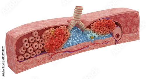 Detailed cross-section of diseased lung tissue showing inflammation and fluid accumulation impacting alveoli and bronchioles