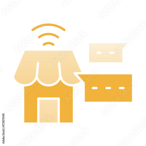 A small tan building with a scalloped roof emits wifi signals Speech bubbles are nearby