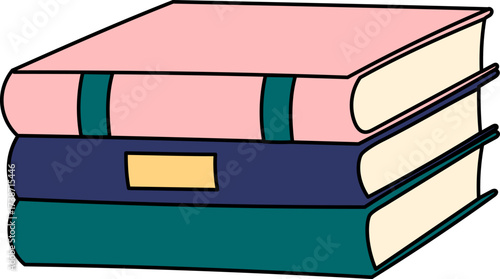 A stack of three books with pink blue and green covers