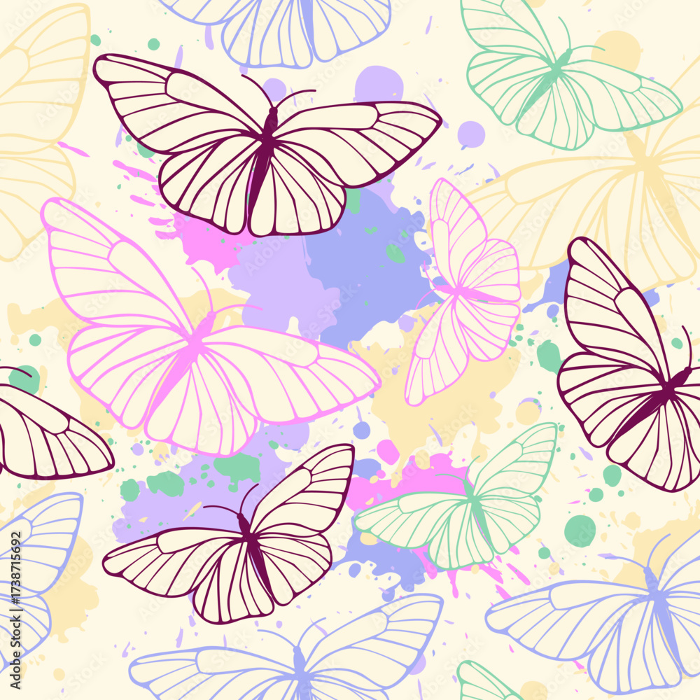 Fototapeta premium A seamless pattern of stylized butterflies on a pastel background with paint splatters