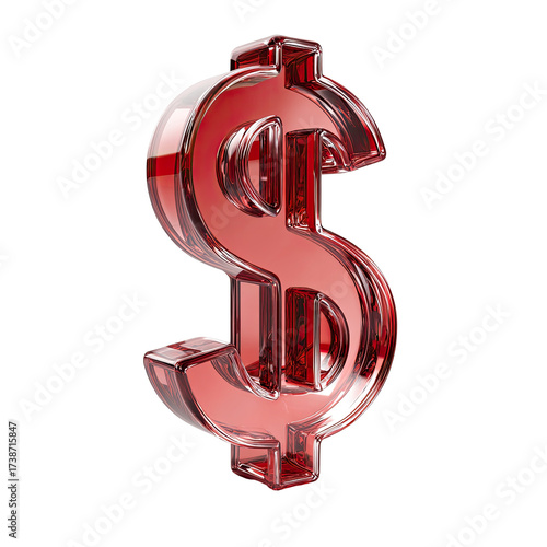 A translucent, ruby-red, three-dimensional dollar sign, rendered with a glassy, polished texture, set against a black background