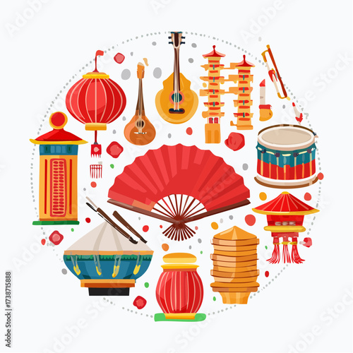 Traditional Chinese Cultural Elements Arranged in a Circular Pattern, Featuring Festive Lanterns, Musical Instruments, and Decorative Items