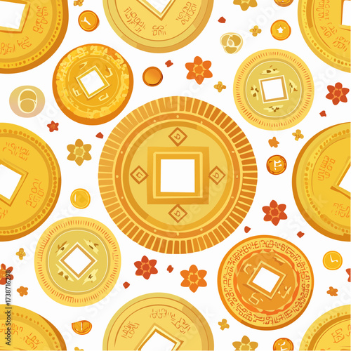 Seamless Pattern with Golden Chinese Coins and Decorative Elements on White Background