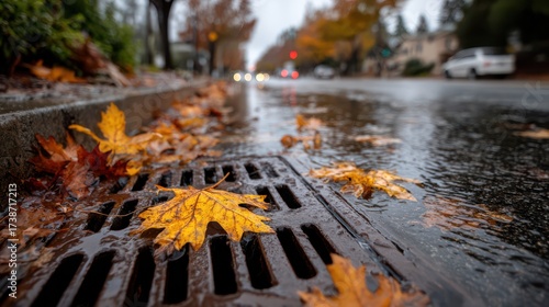 Close-up view of a storm drain cover surrounded by autumn leaves and dirt on a rainy street