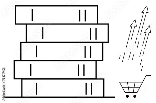 Stack of books alongside a shopping cart with upward arrows signifying progress, investment, education, business growth, learning, consumption, market trends, and choice as a simple flat metaphor