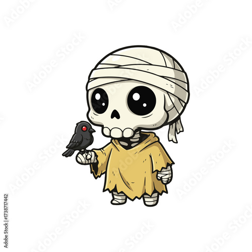 Adorable chibi skeleton with bandaged head and ragged robe, holding a small black crow with glowing red eye in gothic cartoon style.