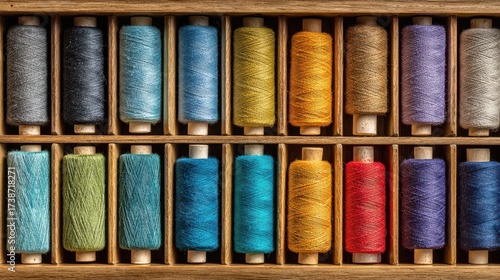 Sorted sewing threads in a wooden drawer showcase vibrant colors and meticulous arrangement