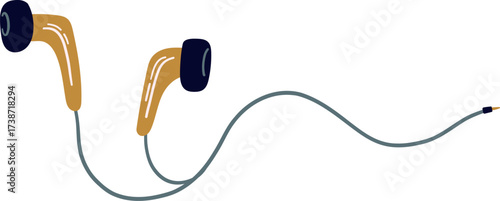 A stylized illustration of a pair of gold and navy blue earbuds with a gray cord