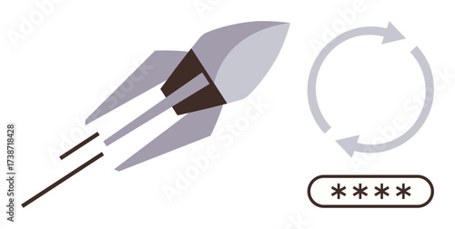 Rocket launching forward, circular arrows, and password bar emphasizing progress, innovation, security, development, automation, speed and technological advancements. Ideal for tech growth