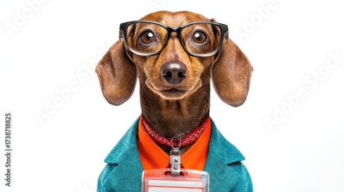 Employee ID card mockup featuring a dapper dachshund in a blazer and glasses