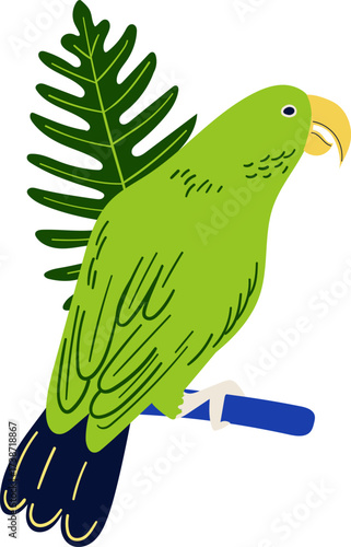 green parrot perched, tropical leaf, cartoon style clip art preview