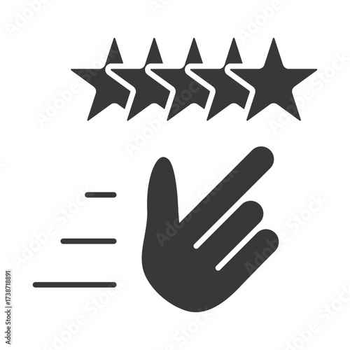 A stylized icon of a hand with motion lines pointing towards five stars