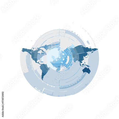 Abstract world map with tech-like circular rings