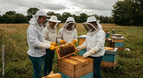 Group of beekeepers inspecting a honeycomb frame at a rural apiary on a cloudy day with bee hives