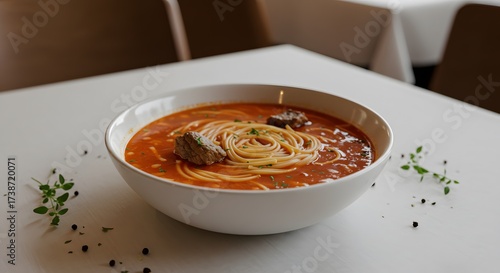 A white bowl filled with tomato soup and spaghetti noodles on a white table surface indoors shot close up
