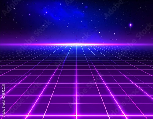 Wallpaper Mural A vibrant, futuristic landscape, composed of a gridded plane with bright neon-pink and purple lines, stretches into the distance against a backdrop of a starry, deep-blue night sky. Torontodigital.ca