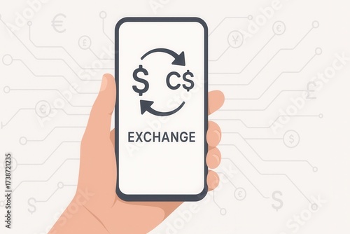 Mobile Currency Exchange App Illustration Featuring Hand Holding Smartphone With Currency Symbols Dollar to Canadian dollar Design For Financial Technology Visuals Simple Style With Neutral Tones