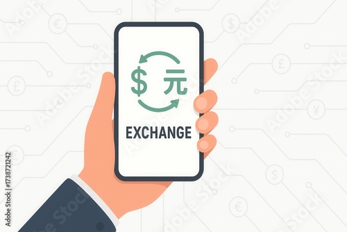 Currency Exchange Dollar to Yuan on Mobile Phone Hand Holding Digital App for International Transactions Business Fintech Concept Minimalist Style Neutral Tones Design for Financial News Illustration