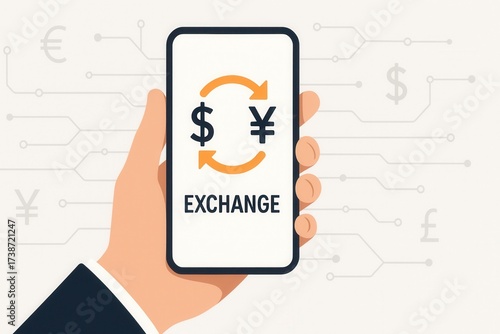 Mobile Currency Exchange App Screen Displaying Dollar to Yen Conversion design with Icons for Global Finance and Digital Transactions in Minimalistic Style with Neutral Tones