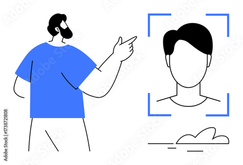 Bearded man gestures toward a facial recognition interface featuring a simplistic user profile outline inside a focus frame. Ideal for technology, AI, identity, innovation, network, security
