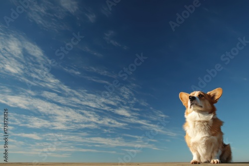 Corgi enjoys a tranquil moment under the vast sky at golden horizon