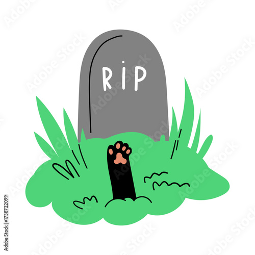 A tombstone with RIP and a cat paw emerging from the grass
